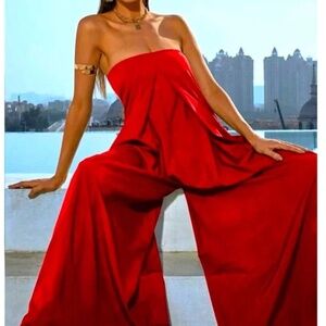 KILLER strapless wide leg red jumpsuit!
